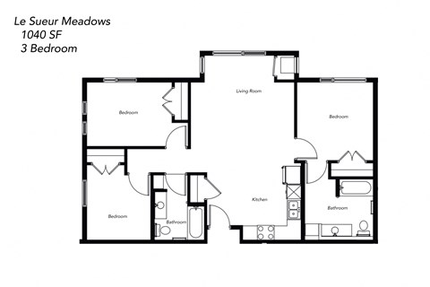 Floor plan for 3 beds, 2 baths, 1040 sqft